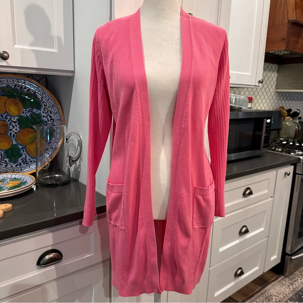 Talbots Petite Ribbed Long Line Cardigan Sweater Size M Pink Coastal Pima Cotton